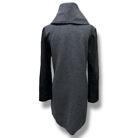 Vince Gray and Black Wool and Leather Asymmetrical Zip Coat Shawl Collar - Picture 3 of 16